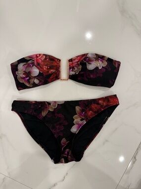 Ted Baker Black Floral Strapless Bikini with Gold Accent